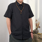 Buddha Stones Men's Short Sleeve Button Casual Cotton Linen Shirt Men's Shirts BS Black 3XL(Fit for US/UK/AU44; EU54)