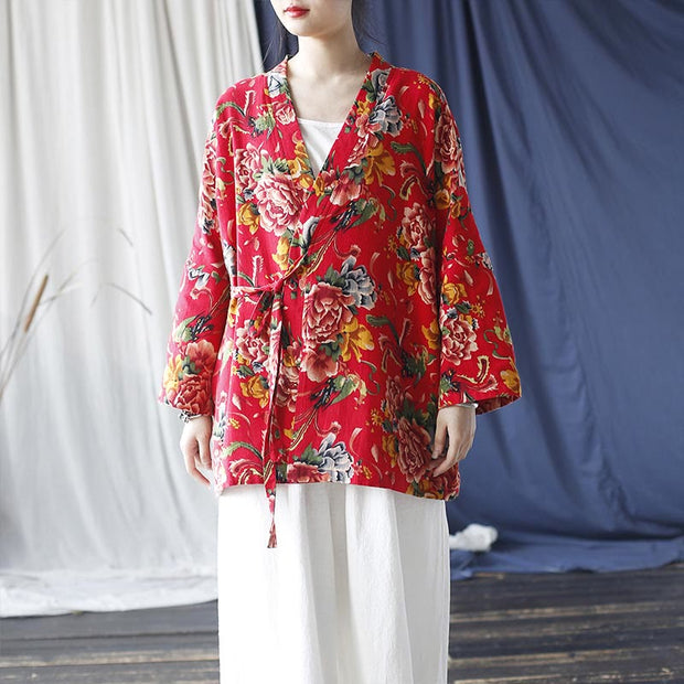 Buddha Stones Ethnic Style Northeast Red Flower Peony Print Cotton Linen Lace Up Jacket 6