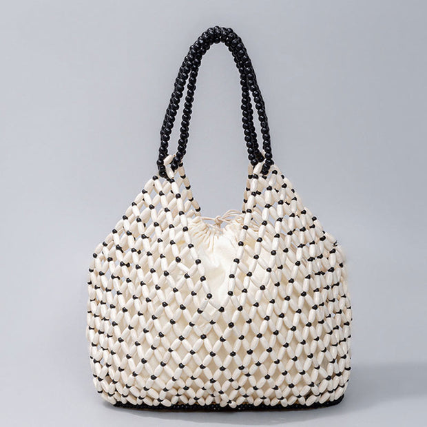 Buddha Stones Hand-woven Wooden Beads Shoulder Bag Handbags Shoulder Bag&Handbags BS White 27*12*29cm