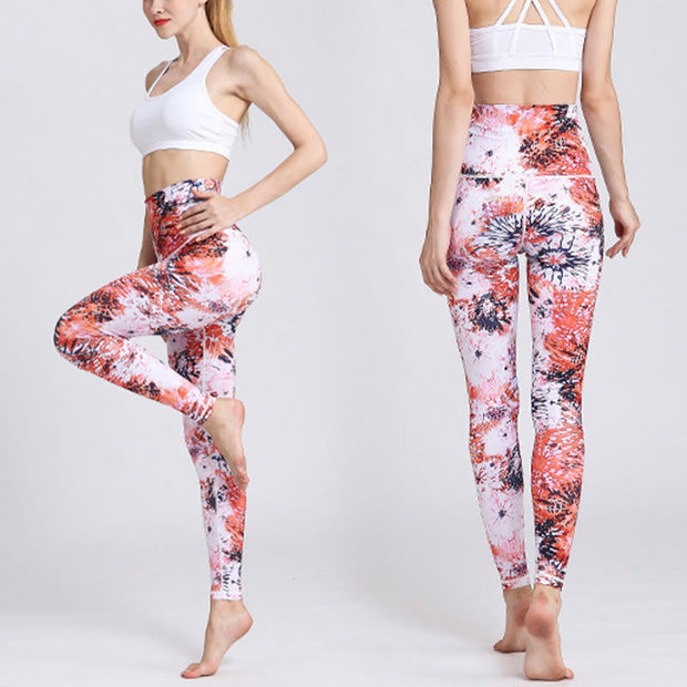 Buddha Stones Red Pink Flowers Print Sports Fitness Yoga High Waist Leggings Women's Yoga Pants