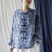 Buddha Stones Retro Blue White Flowers Frog-Button Design Long Sleeve Ramie Linen Jacket Shirt 1