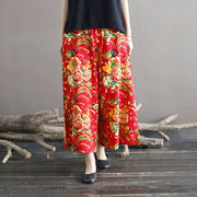 Buddha Stones Red Peony Flowers Cotton Linen Wide Leg Pants With Pockets Women's Wide Leg Pants BS 7