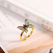 Buddha Stones 925 Sterling Silver Plated Gold Garnet Butterfly Freedom Bracelet Ring Earrings Set Bracelet Necklaces & Pendants BS Ring(Adjustable)