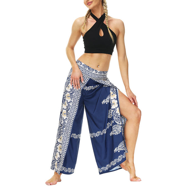 Buddha Stones Boho Flower Vine Split Thigh Wide Leg Pants Sports Fitness Dance Women's Yoga Pants
