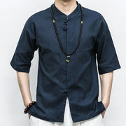 Buddha Stones Chinese Frog-Button Tang Suit Zen Half Sleeve Shirt Linen Men Clothing