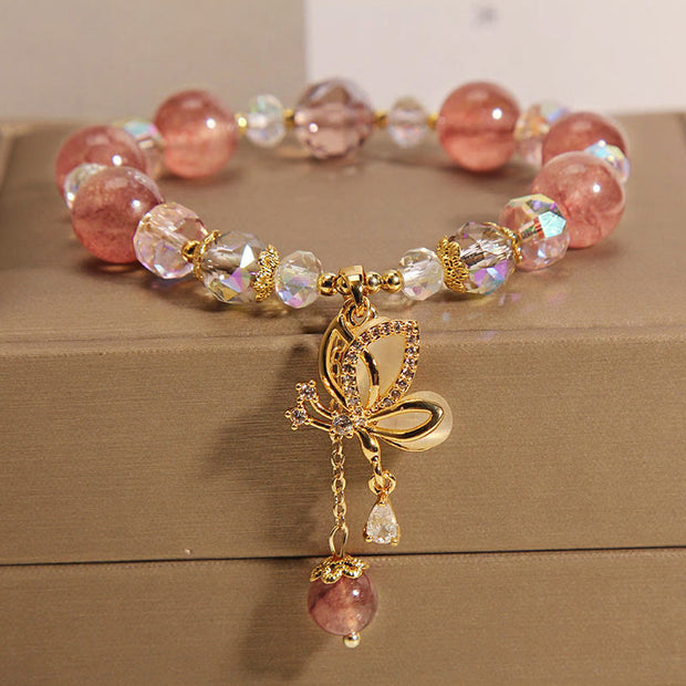 Buddha Stones Natural Strawberry Quartz Healing Positive Butterfly Charm Bracelet Bracelet BS Strawberry Quartz(Love♥Healing)(Wrist Circumference 14-16cm)