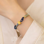 Buddha Stones 925 Sterling Silver Hetian Jade Peach Blossom Flower Pearl Braided Luck Bracelet 4