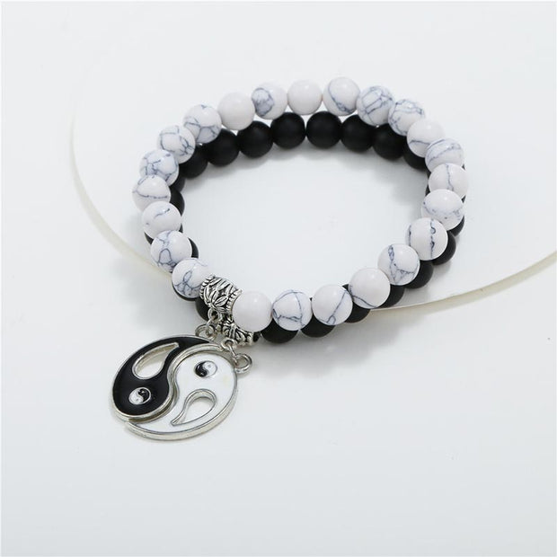 Buddha Stones 2pcs Natural Black Onyx White Turquoise Bead Yin Yang Couple Bracelet Bracelet BS 5