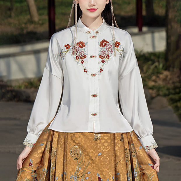 Buddha Stones Golden Flower Phoenix Embroidery Long Sleeve Shirt Top Chinese Hanfu Ming Dynasty Horse Face Skirt Mamianqun Skirt 2