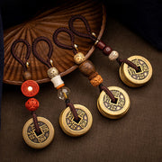 Buddha Stones Feng Shui Five Emperor Coins Luck Bodhi Seed Money Wealth Keychain