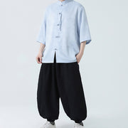 Buddha Stones Simple Jacquard Frog-button Chinese Three Quarter Sleeve Shirt Men T-shirt