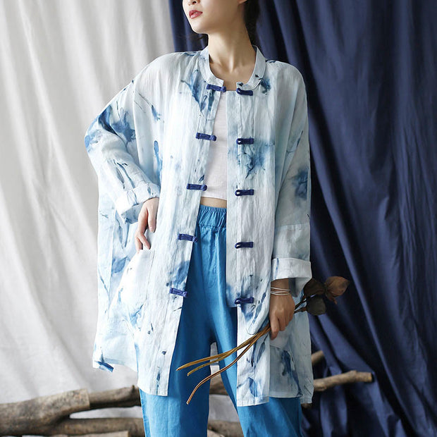 Buddha Stones Blue White Ink Printing Frog-button Design Long Sleeve Ramie Linen Jacket Shirt With Pockets