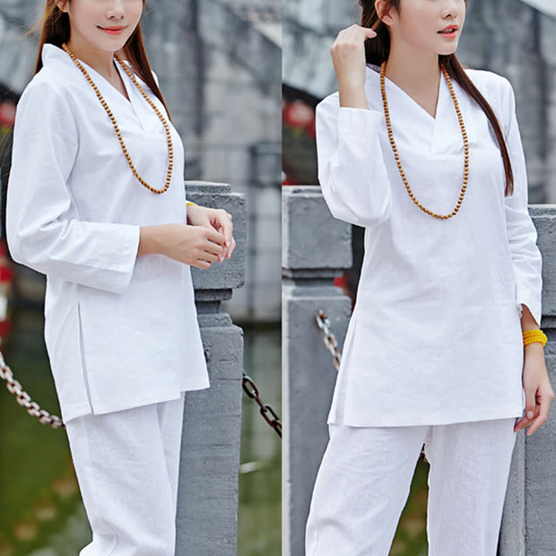 Buddha Stones Zen Practice Yoga Meditation Prayer V-neck Design Uniform Cotton Linen Clothing Women's Set Clothes BS White XXL