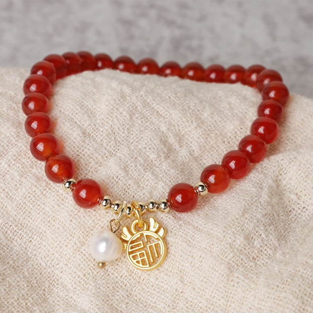 Buddha Stones Year of the Dragon Red Agate Jade Peace Buckle Fu Character Success Bracelet Bracelet BS 21
