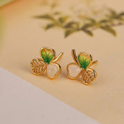 Buddha Stones 925 Sterling Silver Plated Gold Hetian Jade Luck Shamrock Clover Necklace Pendant Earrings