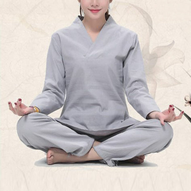 Buddha Stones Zen Practice Yoga Meditation Prayer V-neck Design Uniform Cotton Linen Clothing Women's Set Clothes BS 8