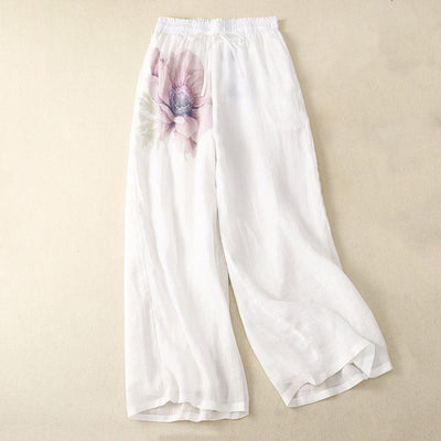 Buddha Stones Floral Print High Waist Cotton Linen Drawstring Wide Leg Pants With Pockets 1