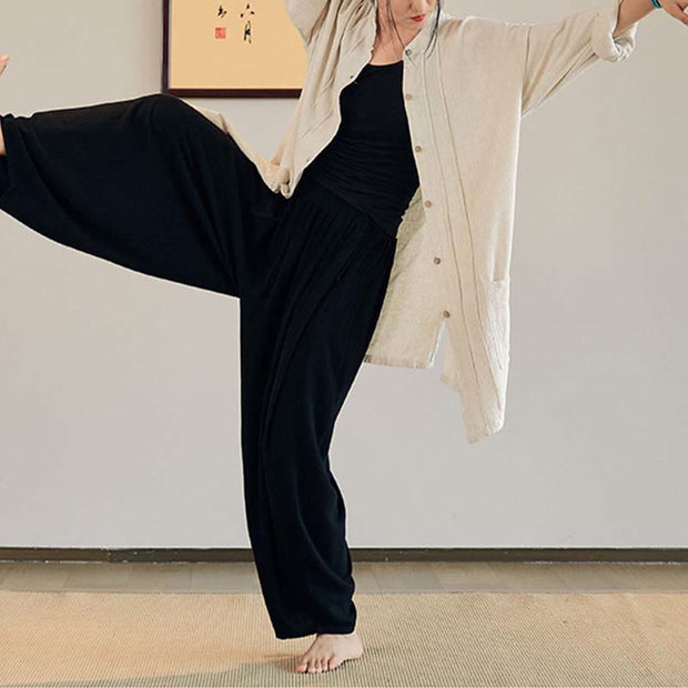 Buddha Stones Plain Long Sleeve Coat Jacket Top Wide Leg Pants Zen Tai Chi Yoga Meditation Clothing Clothes BS 20