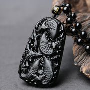 Buddha Stones Black Obsidian Koi Fish Engraved Strength Beaded Necklace Pendant Necklaces & Pendants BS 2