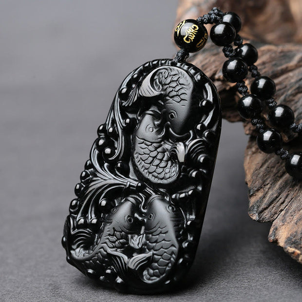 Buddha Stones Black Obsidian Koi Fish Engraved Strength Beaded Necklace Pendant