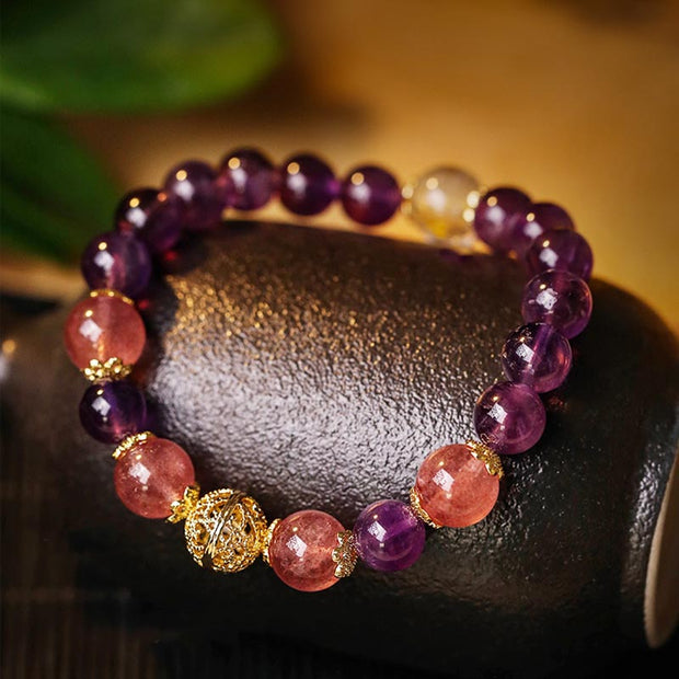 Buddha Stones Natural Citrine Amethyst Rutilated Quartz Prosperity Protection Bracelet Bracelet BS 7