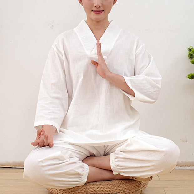 Buddha Stones 2Pcs V-Neck Three Quarter Sleeve Shirt Top Pants Meditation Zen Tai Chi Cotton Linen Clothing Women's Set 19