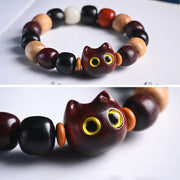 Buddha Stones Small Leaf Red Sandalwood Ebony Wood Cute Cat Engraved Protection Bracelet