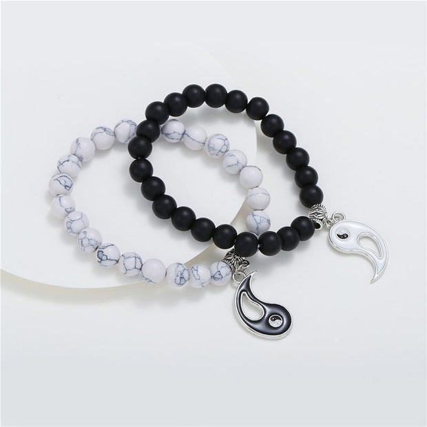 Buddha Stones 2pcs Natural Black Onyx White Turquoise Bead Yin Yang Couple Bracelet