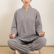 Buddha Stones 2Pcs V-Neck Three Quarter Sleeve Shirt Top Pants Meditation Zen Tai Chi Cotton Linen Clothing Women's Set 1