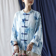Buddha Stones Tie Dye Blue Flowers Frog-Button Design Long Sleeve Ramie Linen Jacket Shirt 11