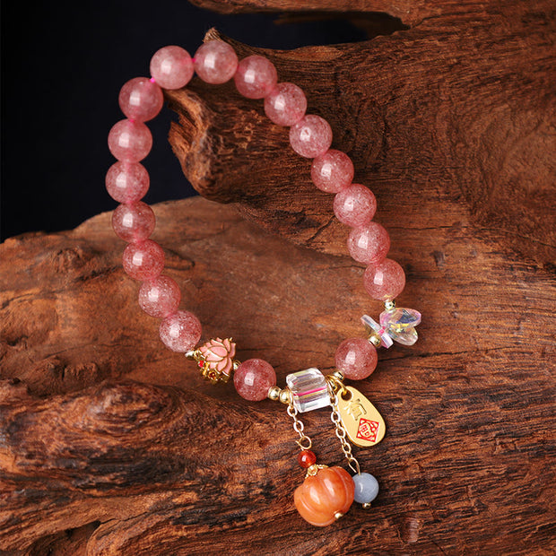 Buddha Stones Natural Strawberry Quartz Fu Character Pumpkin Charm Positive Bracelet