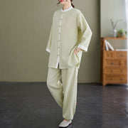 Buddha Stones 2Pcs Vintage Long Sleeve Shirt Top Pants Meditation Zen Tai Chi Cotton Linen Clothing Women's Set