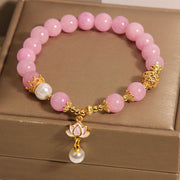 Buddha Stones Pink Jade Pearl Lotus Charm Harmony Bracelet Bracelet BS 3