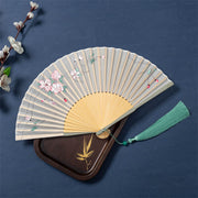 Buddha Stones Lotus Begonia Flower Jasmine Handheld Silk Bamboo Folding Fan 21cm 10