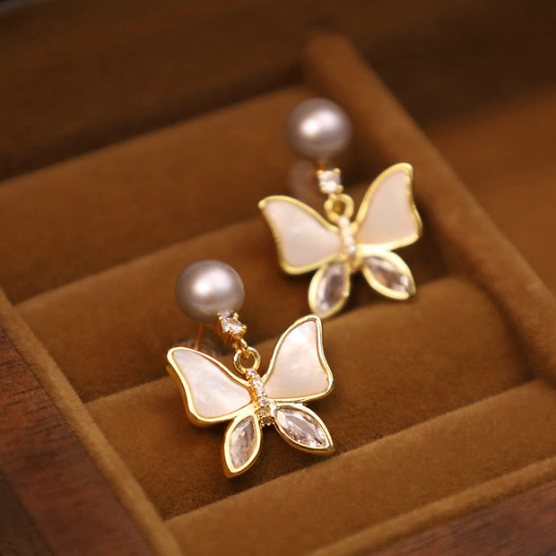 Buddha Stones 18K Gold Plated Copper Natural Shell Pearl Butterfly Sincerity Stud Earrings Earrings BS Sea Shell Gray Pearl(925 Sterling Silver Posts)