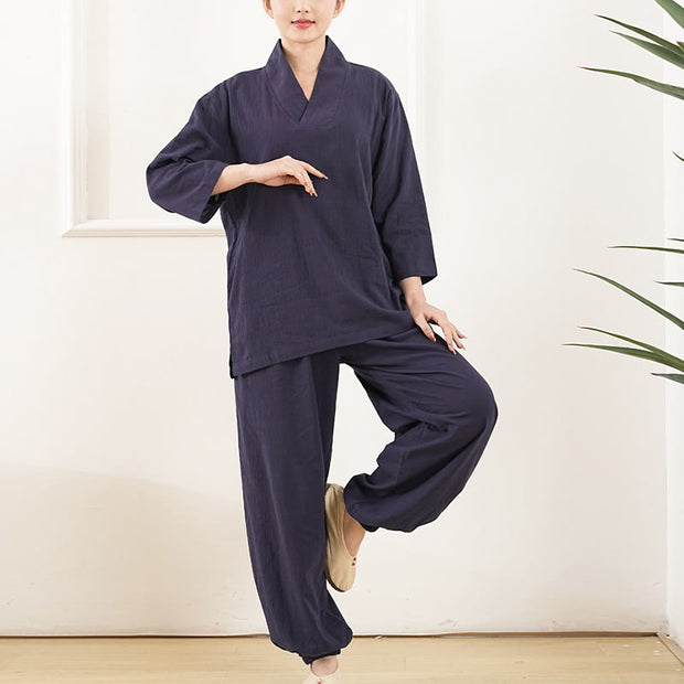 Buddha Stones 2Pcs V-Neck Three Quarter Sleeve Shirt Top Pants Meditation Zen Tai Chi Cotton Linen Clothing Women's Set 10