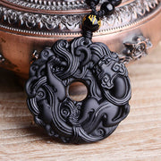 Buddha Stones Natural Black Obsidian Peace Buckle Pixiu Purification Necklace Pendant Necklaces & Pendants BS 15