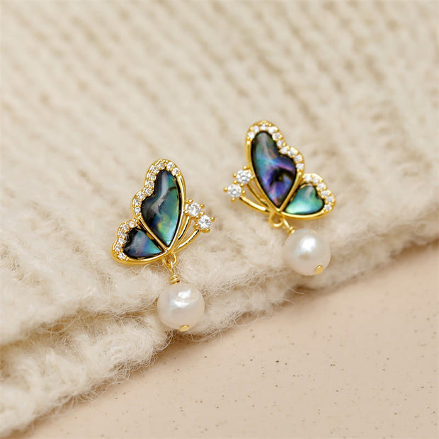 Buddha Stones 18K Gold Plated Copper Pearl Butterfly Love Stud Earrings 2