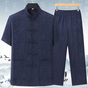 Buddha Stones Gourd Flower Leaves Tang Suit Short Sleeve Shirt Pants Clothing Men's Set Men's Meditation Cloth BS 1