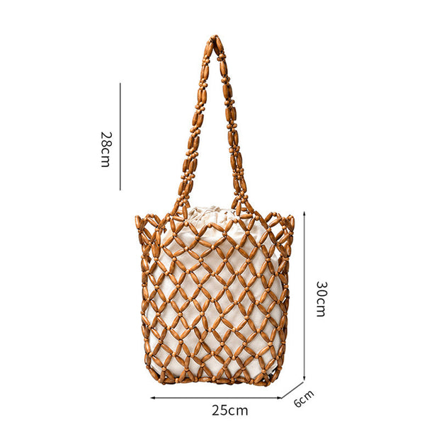 Buddha Stones Hand-woven Wooden Beads Shoulder Bag Handbag