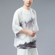 Buddha Stones Men's Frog-Button Mountain Landscape Ink Painting Half Sleeve Shirt