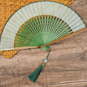 Buddha Stones Green Leaves Handheld Silk Bamboo Folding Fan 2