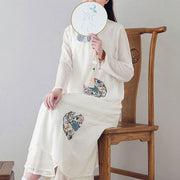 Buddha Stones Embroidery Long Sleeve Midi Dress Meditation Spiritual Zen Practice