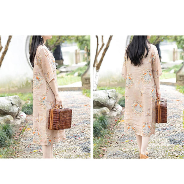 Buddha Stones Orange Flower Bird Print Cheongsam Midi Dress Cotton Linen Half Sleeve Dress With Pockets