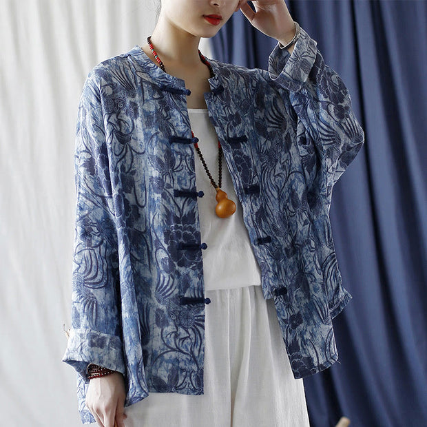 Buddha Stones Retro Blue White Flowers Frog-Button Design Long Sleeve Ramie Linen Jacket Shirt 22