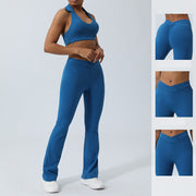 Buddha Stones 2Pcs Workout Sleeveless Backless Top Shorts Flared Pants Sports Fitness Yoga Outfit Set