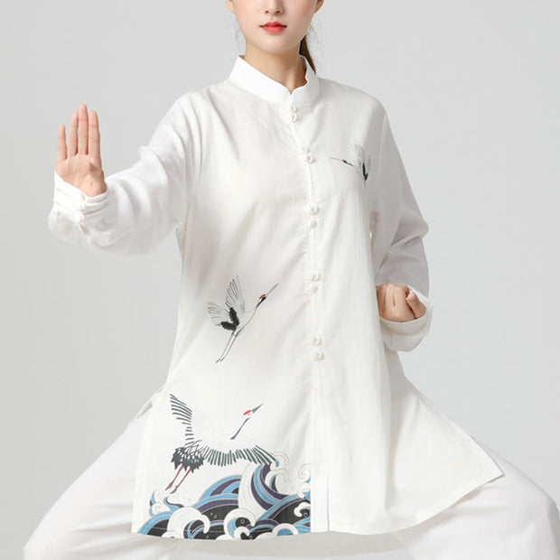 Buddha Stones White Crane Sea Cotton Linen Meditation Prayer Spiritual Zen Tai Chi Qigong Practice Clothing Set Women's Meditation Cloth BS 2Pcs(Top&Pants) XXL