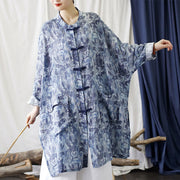 Buddha Stones Blue Flowers Butterfly Frog-Button Long Sleeve Ramie Linen Jacket Shirt With Pockets