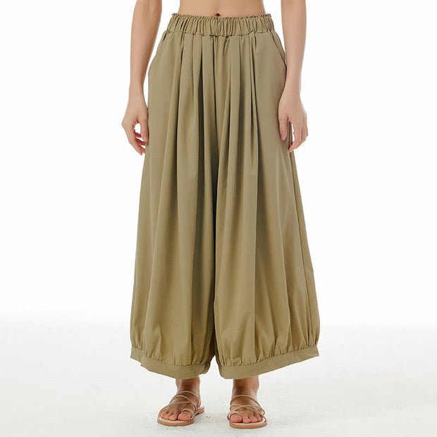 Buddha Stones Solid Color Loose Elastic Waist Wide Leg Pants With Pockets 1