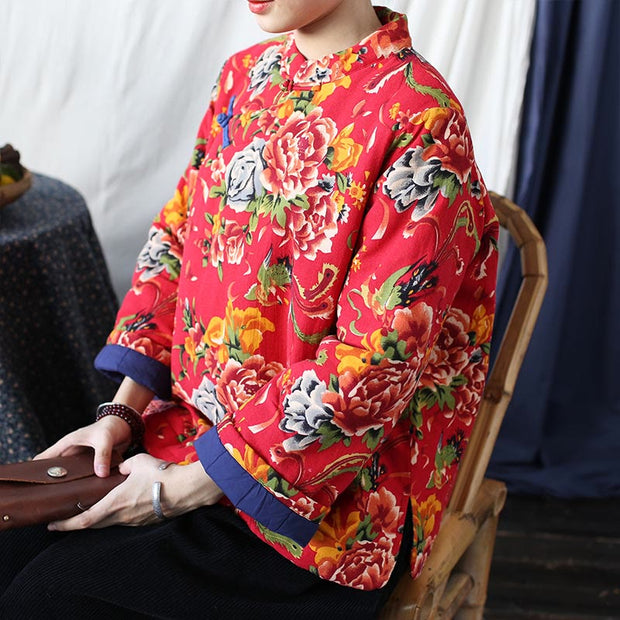 Buddha Stones Flowers Cotton Linen Jacket Shirt Chinese Northeast Style Winter Clothing 20